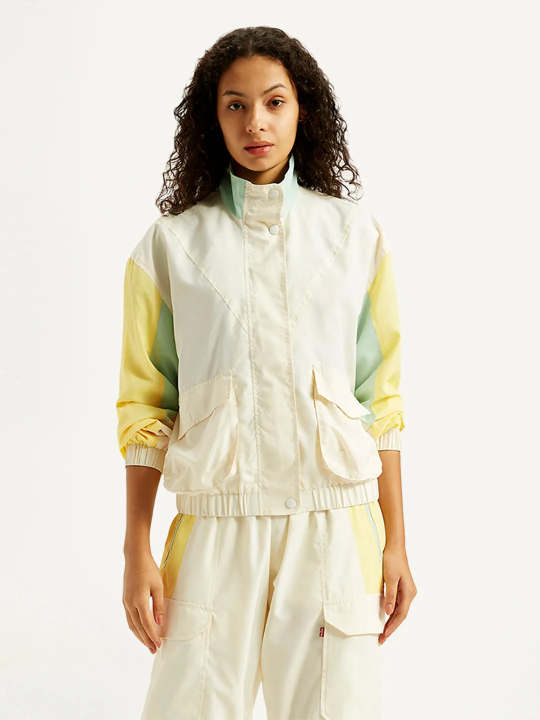 Women's Colorblock White High Neck Jacket Glow In Dark Trims