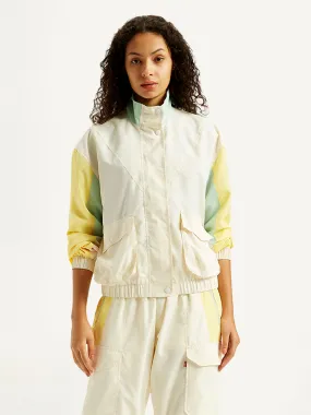 Women's Colorblock White High Neck Jacket Flexible Material