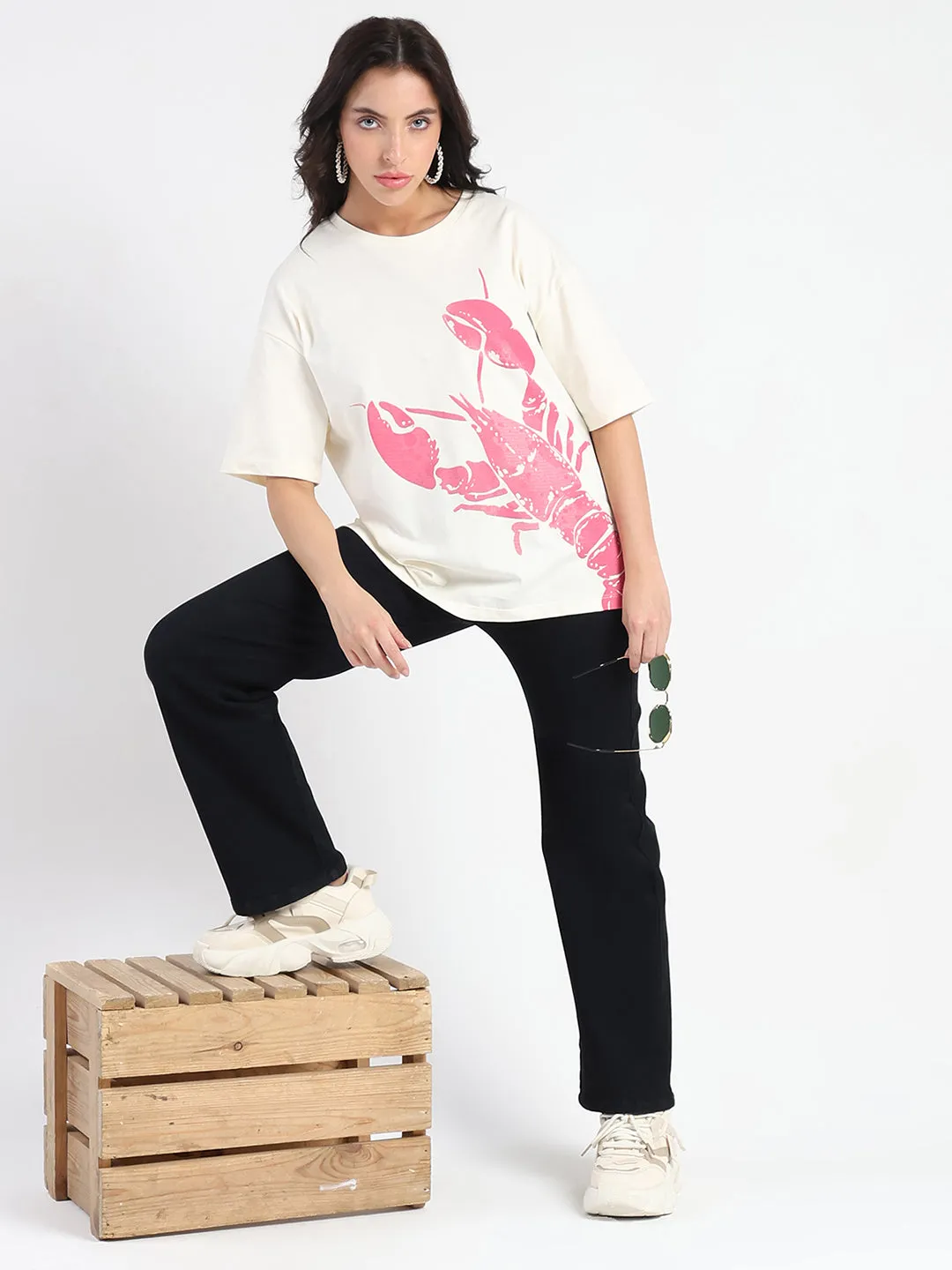 Ruffled edges Everyday Layering Madame Graphic Print Half Sleeve Off White Cotton T-shirt