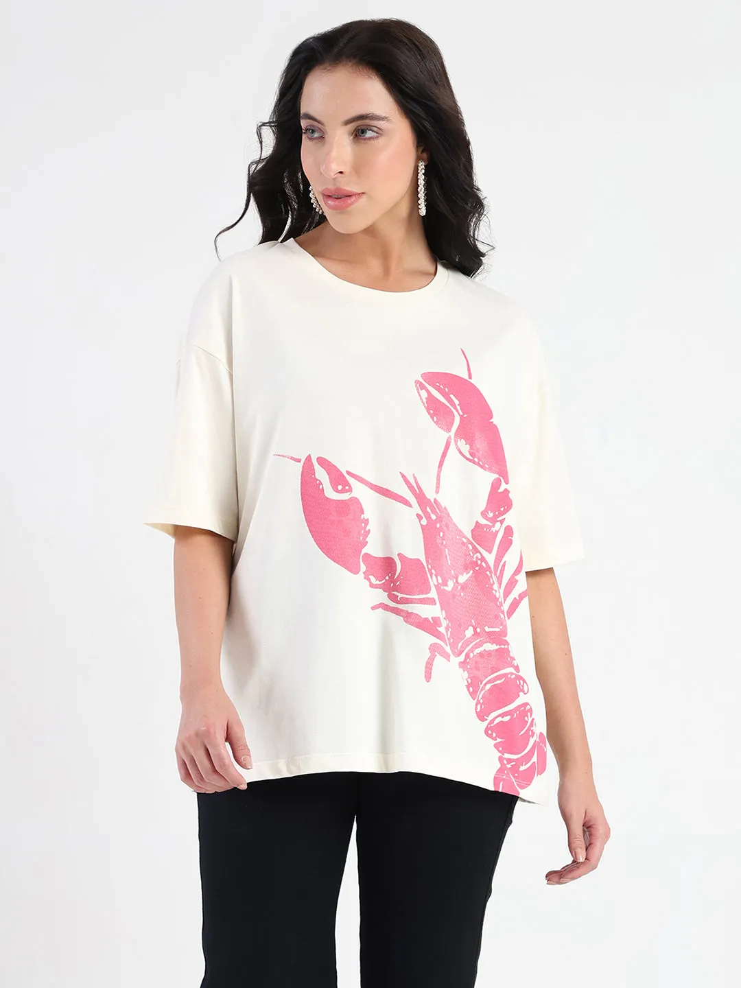 Madame Graphic Print Half Sleeve Off White Cotton T-shirt Drop Shoulder Cut