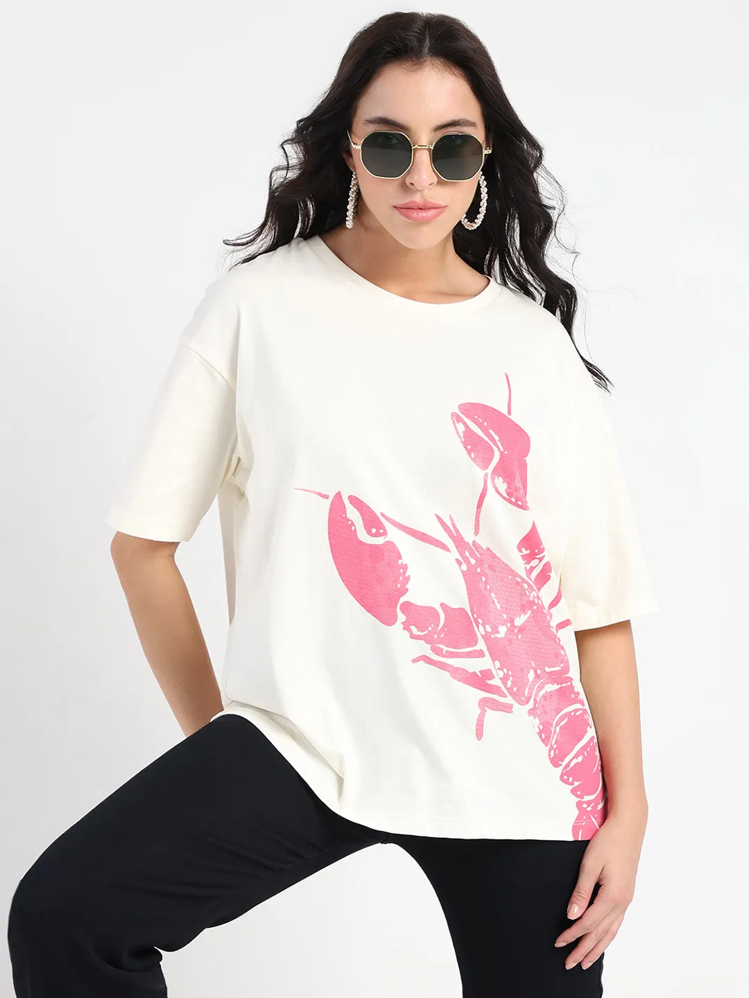 Scoop neck Everyday Layering Madame Graphic Print Half Sleeve Off White Cotton T-shirt