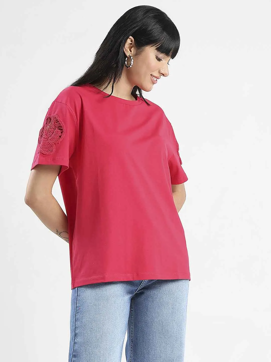 Sleek Stretch Fit Madame Embroidered Sleeve Solid Red Cotton T-Shirt