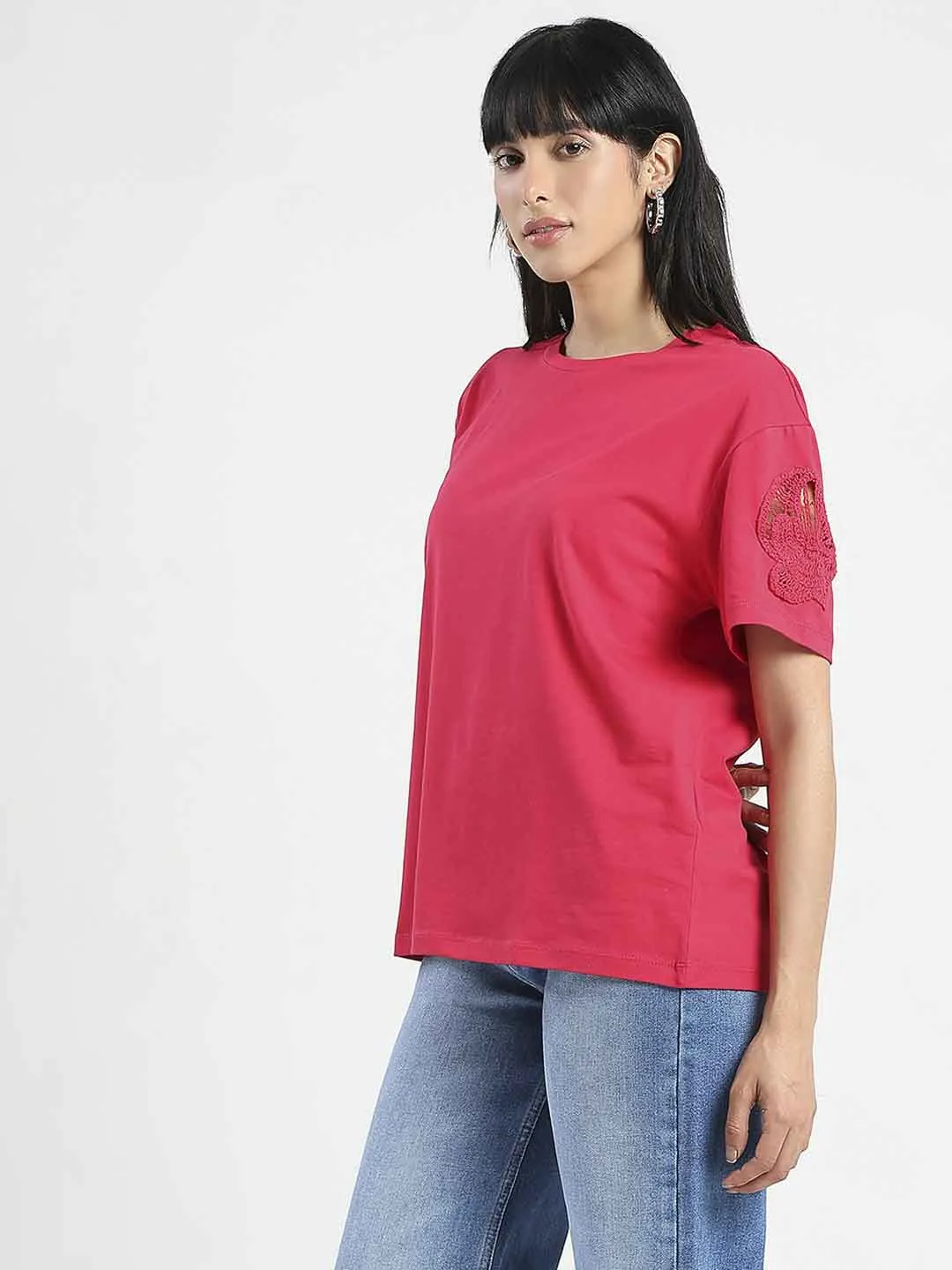 Madame Embroidered Sleeve Solid Red Cotton T-Shirt Casual Layering Wear