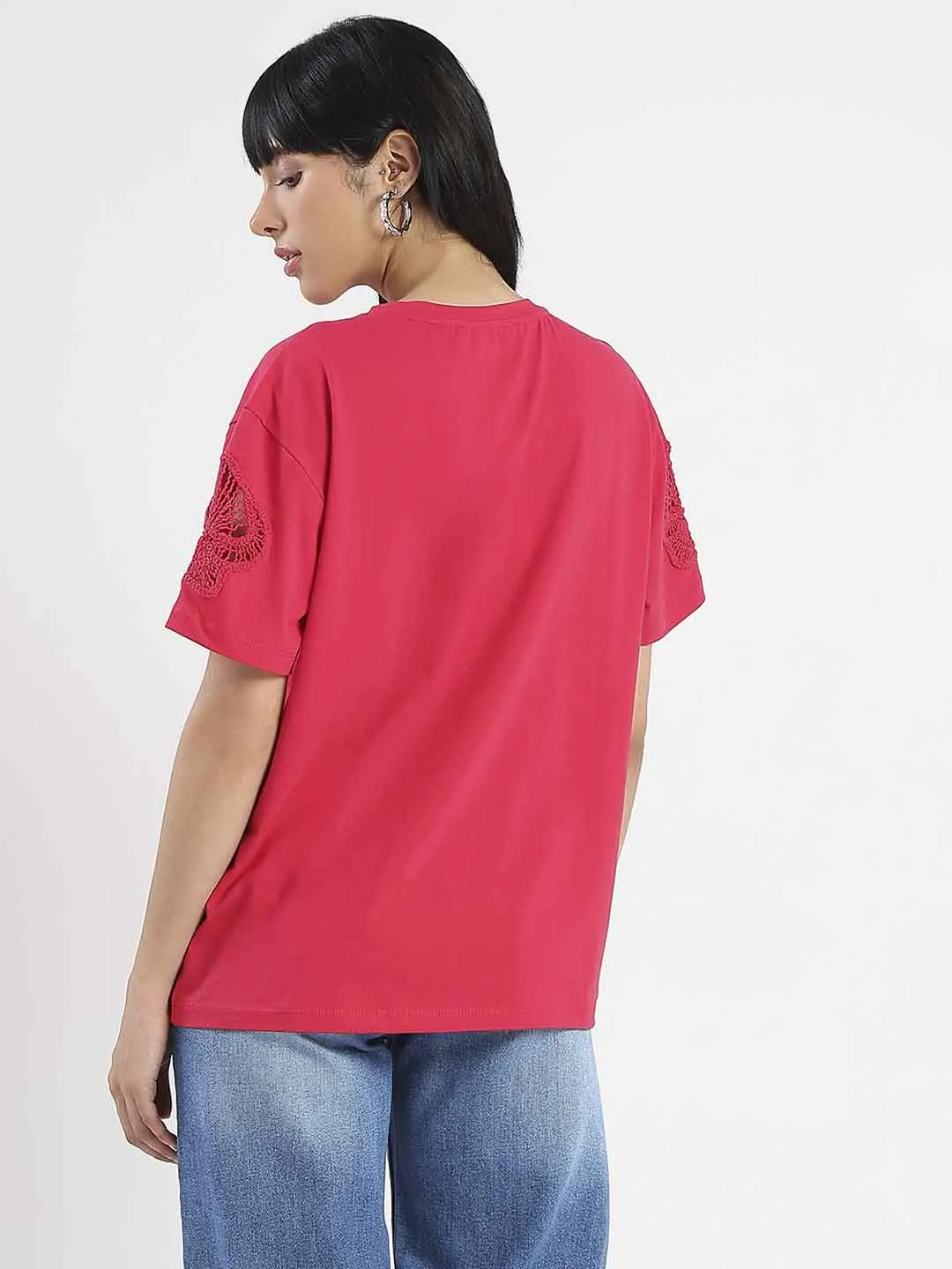 Madame Embroidered Sleeve Solid Red Cotton T-Shirt Sustainable Fibers