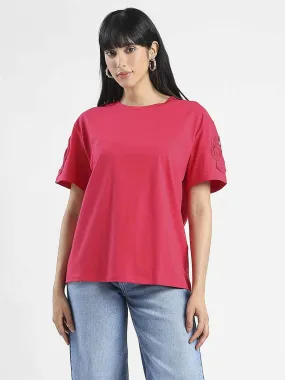 Madame Embroidered Sleeve Solid Red Cotton T-Shirt Light Fit Wear