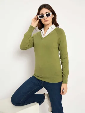 Quick Fit Madame V Neck Skinny Fit Olive Sweater
