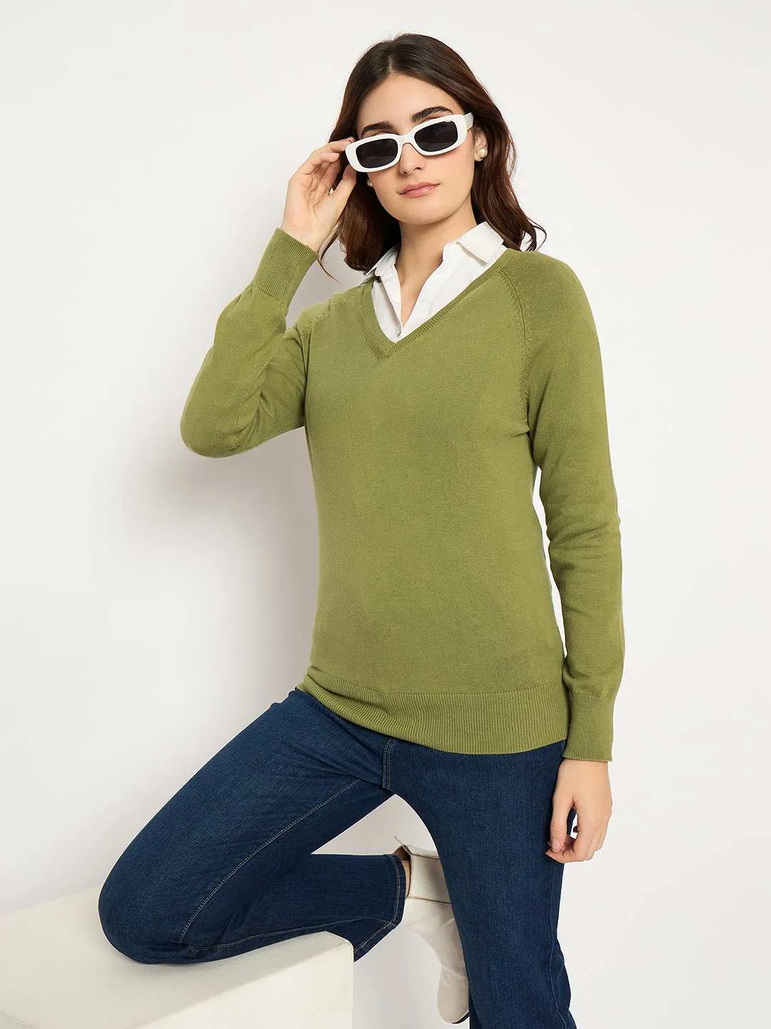 Quick Fit Madame V Neck Skinny Fit Olive Sweater