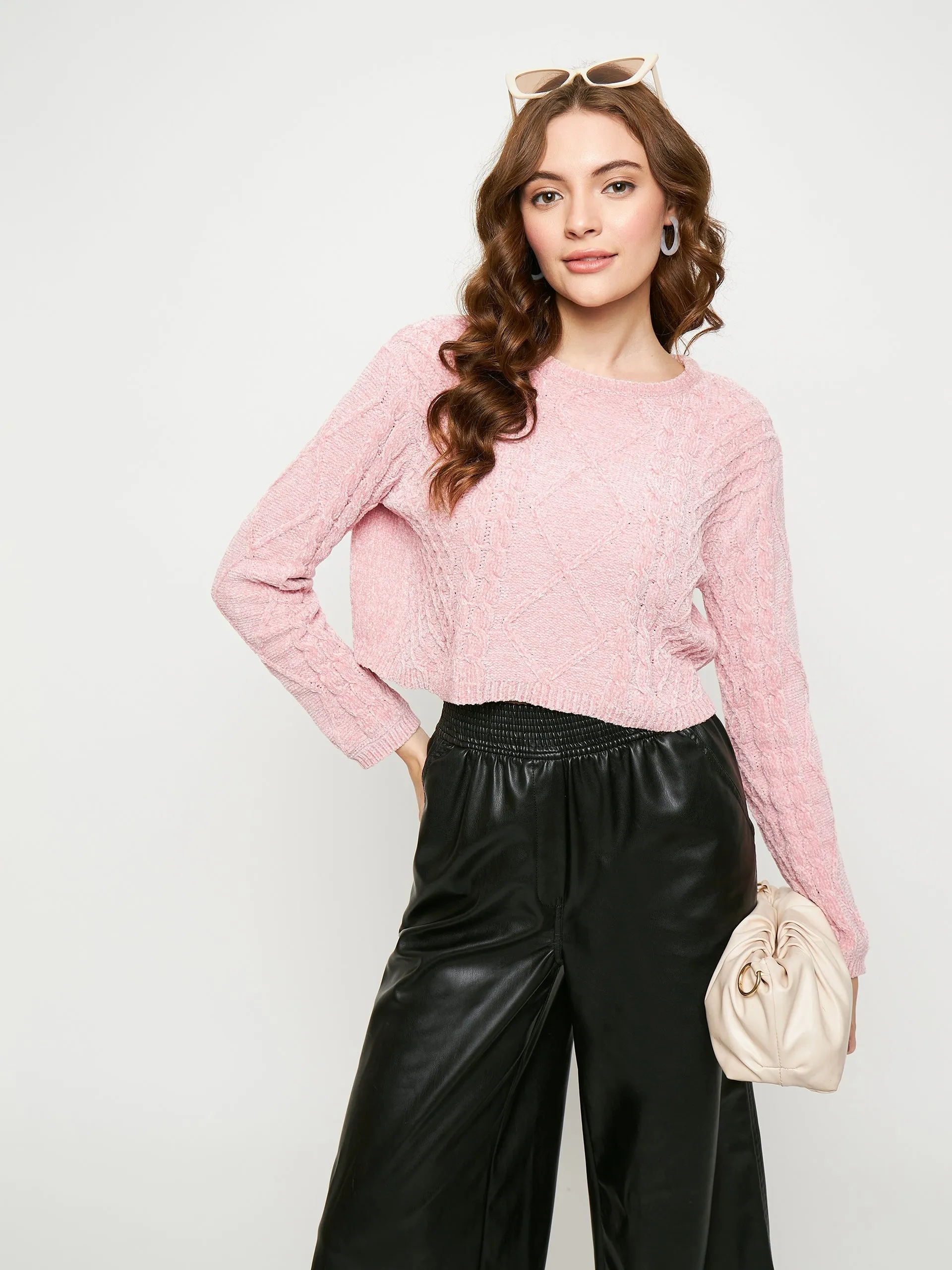Madame Peach Cable Knit Sweater Stretchy Waist Premium Knitwear