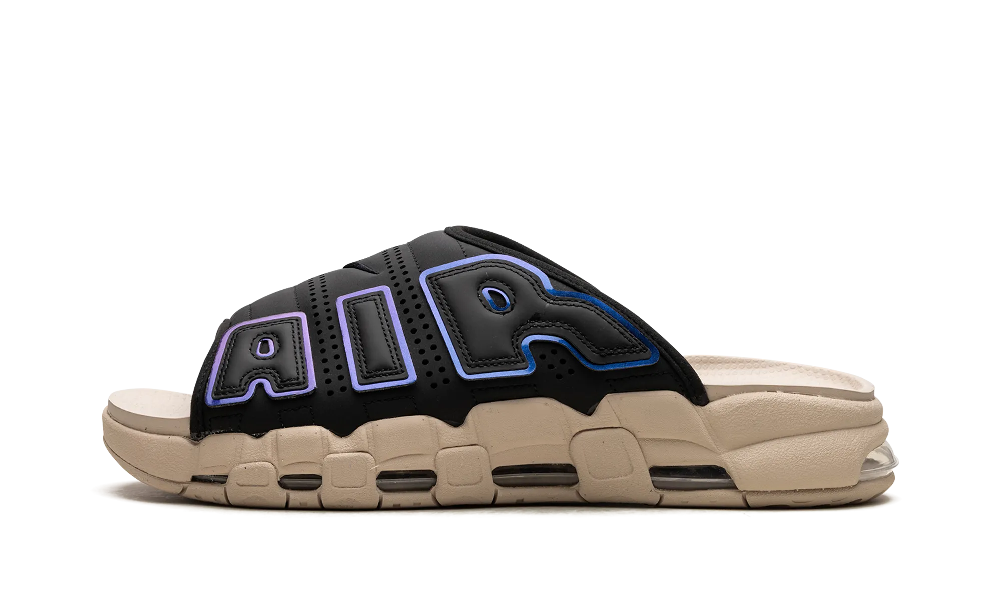 Air More Uptempo Slide "Black Sanddrift Iridescent" Lightweight Frame Pronation Control Technology
