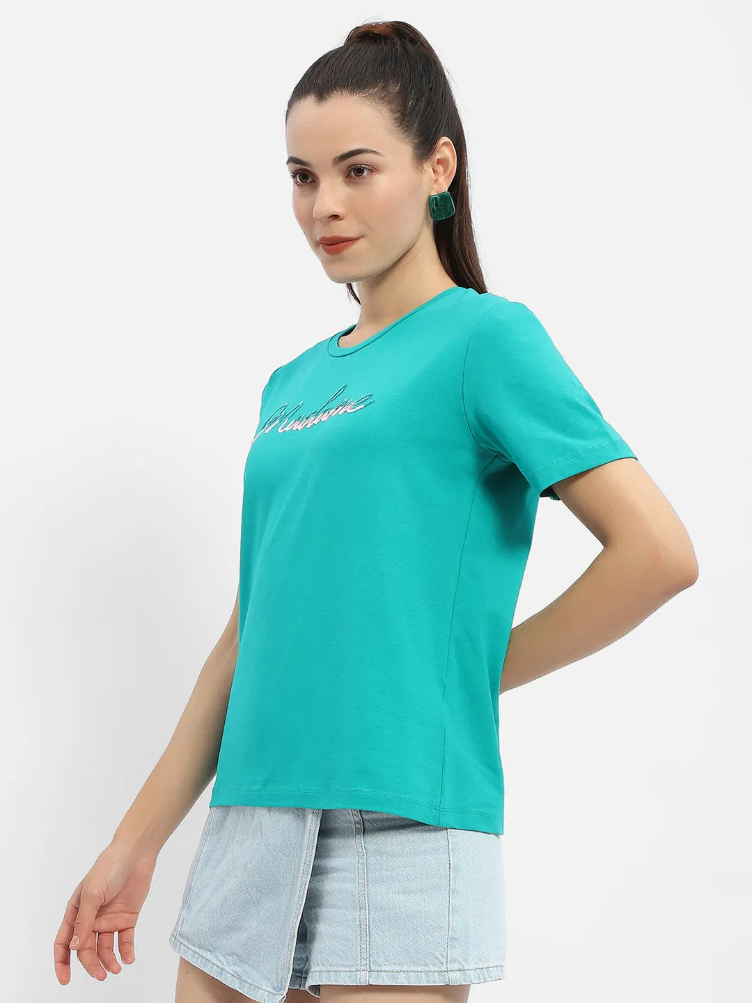 High Density Knit Madame Typography Sea Green Crew Neck T-Shirt