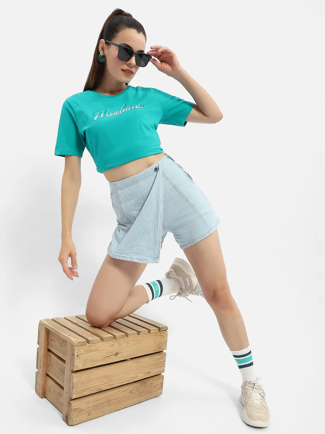 Madame Typography Sea Green Crew Neck T-Shirt Relaxed Wearable
