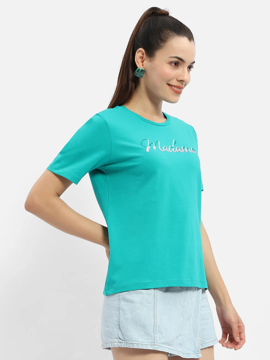 Lightweight Weave Versatile Design Madame Typography Sea Green Crew Neck T-Shirt