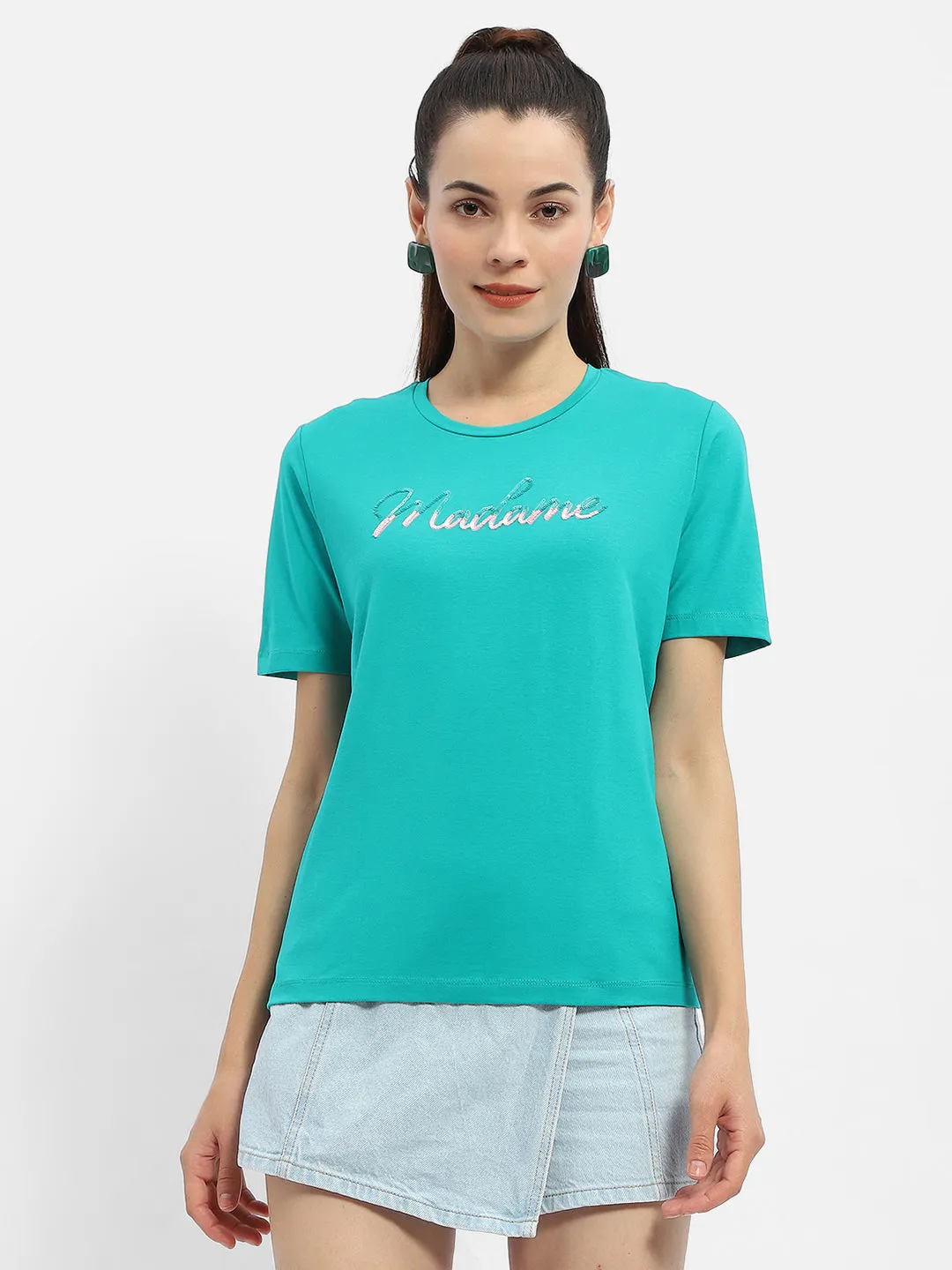 Madame Typography Sea Green Crew Neck T-Shirt Chic Outfit
