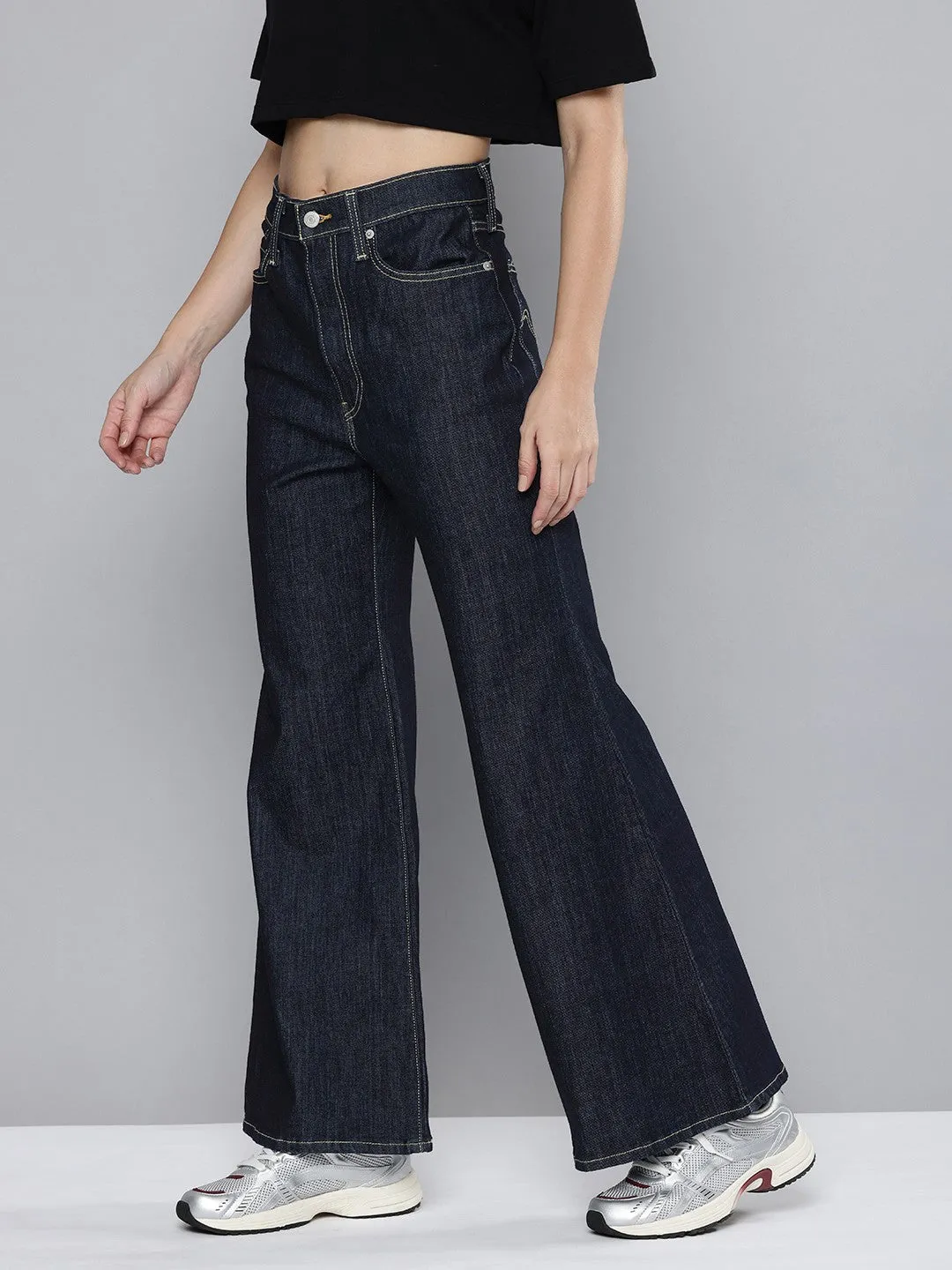 Women's Blue Ribcage Bell Bottom Wide Leg Fit High Rise Jeans All Purpose