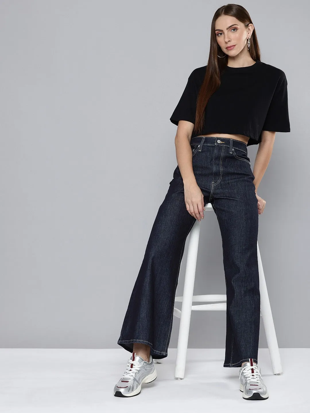 Summer Vibes Fashion Comfort Women's Blue Ribcage Bell Bottom Wide Leg Fit High Rise Jeans