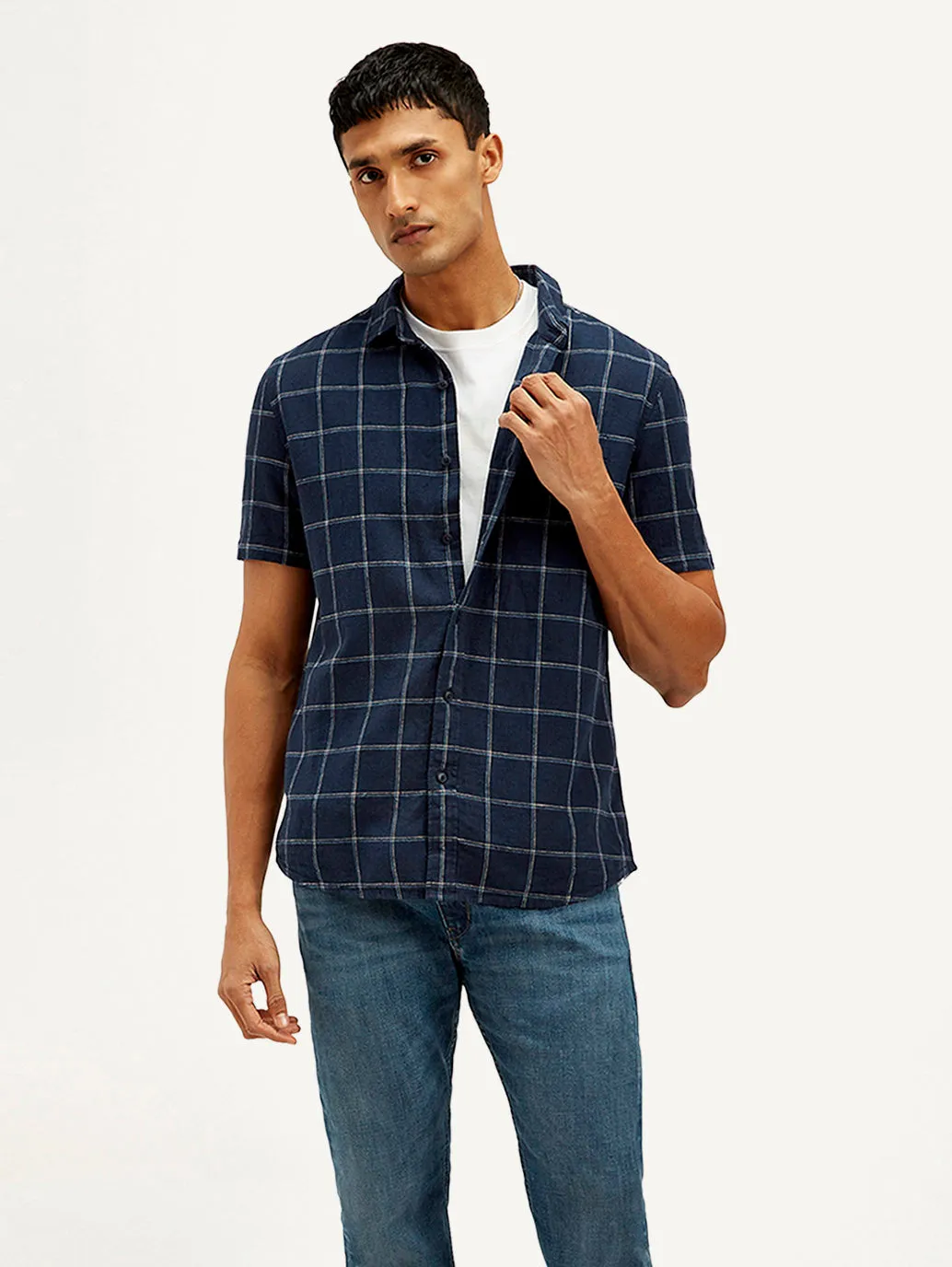 Men's Checkered Slim Fit Linen Shirt Easy Care