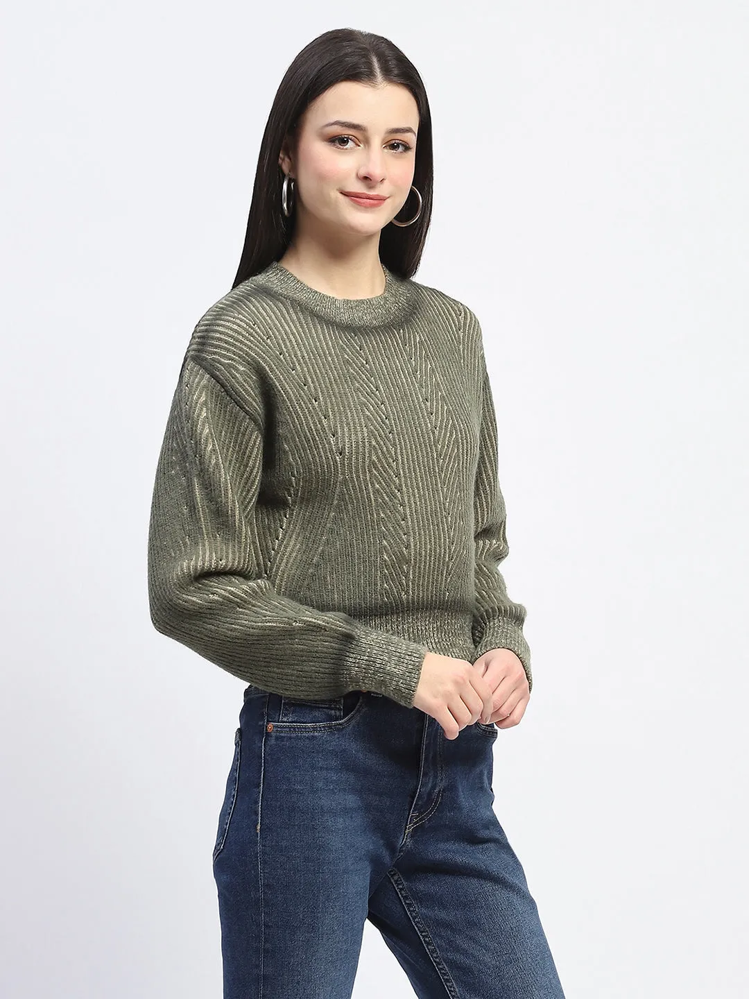 Madame Geometric Print Ribbed Cuffs Green Sweater Comfortable knit piece Comfy Wear Fit