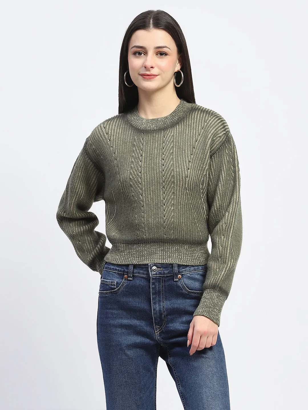 Smart Style Cozy Fabric Madame Geometric Print Ribbed Cuffs Green Sweater