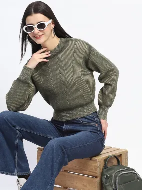 Stylish Knitwear Madame Geometric Print Ribbed Cuffs Green Sweater