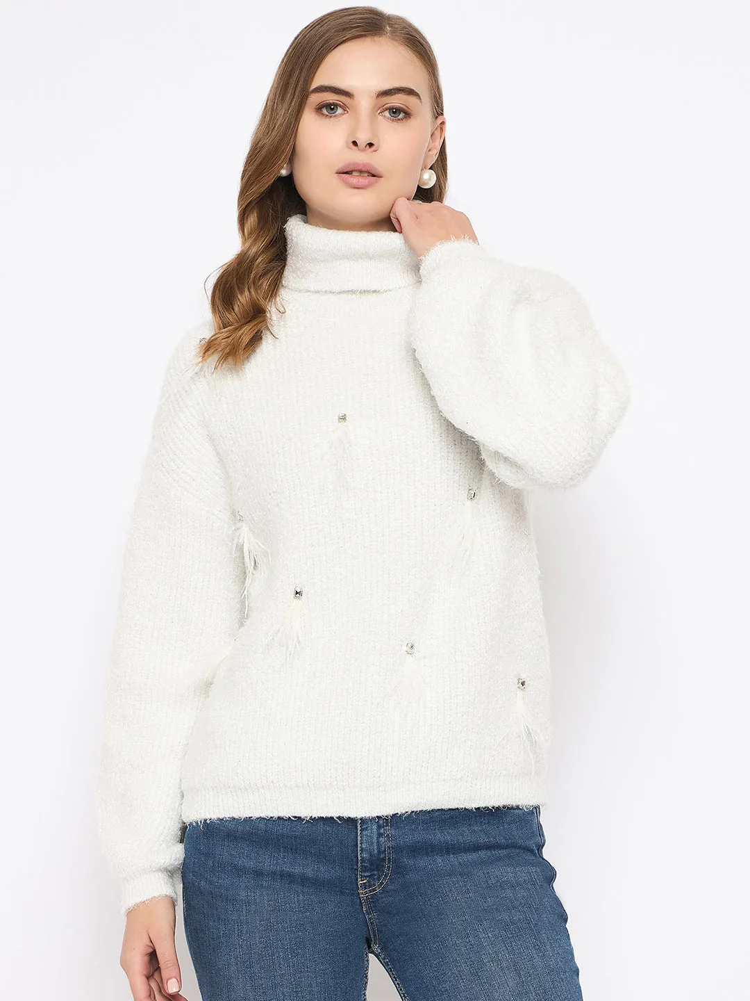 Trendy Knit UV Protective Coating Madame Embellished Turtleneck Off White Sweater