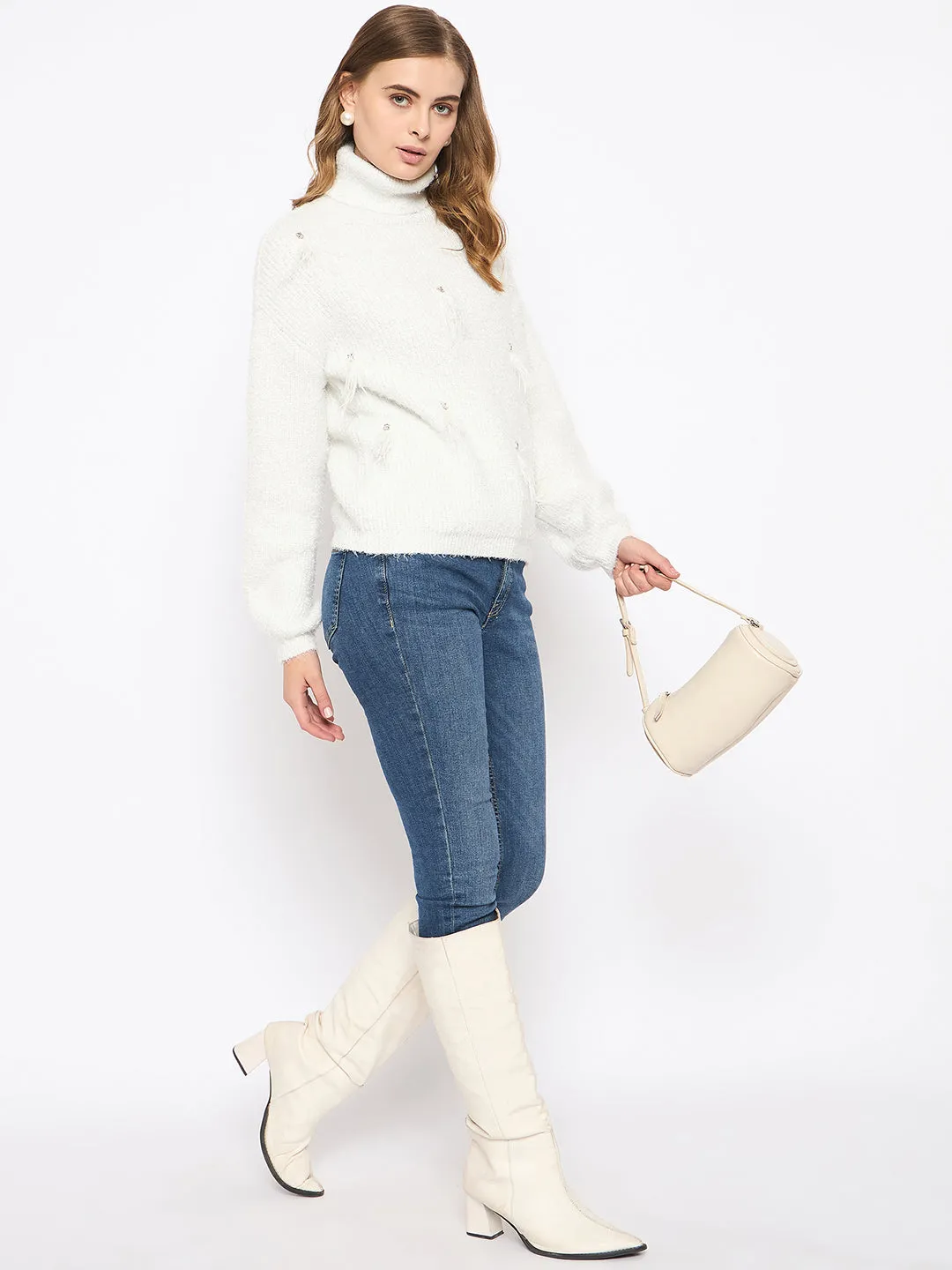 Ventilated Underarm Madame Embellished Turtleneck Off White Sweater
