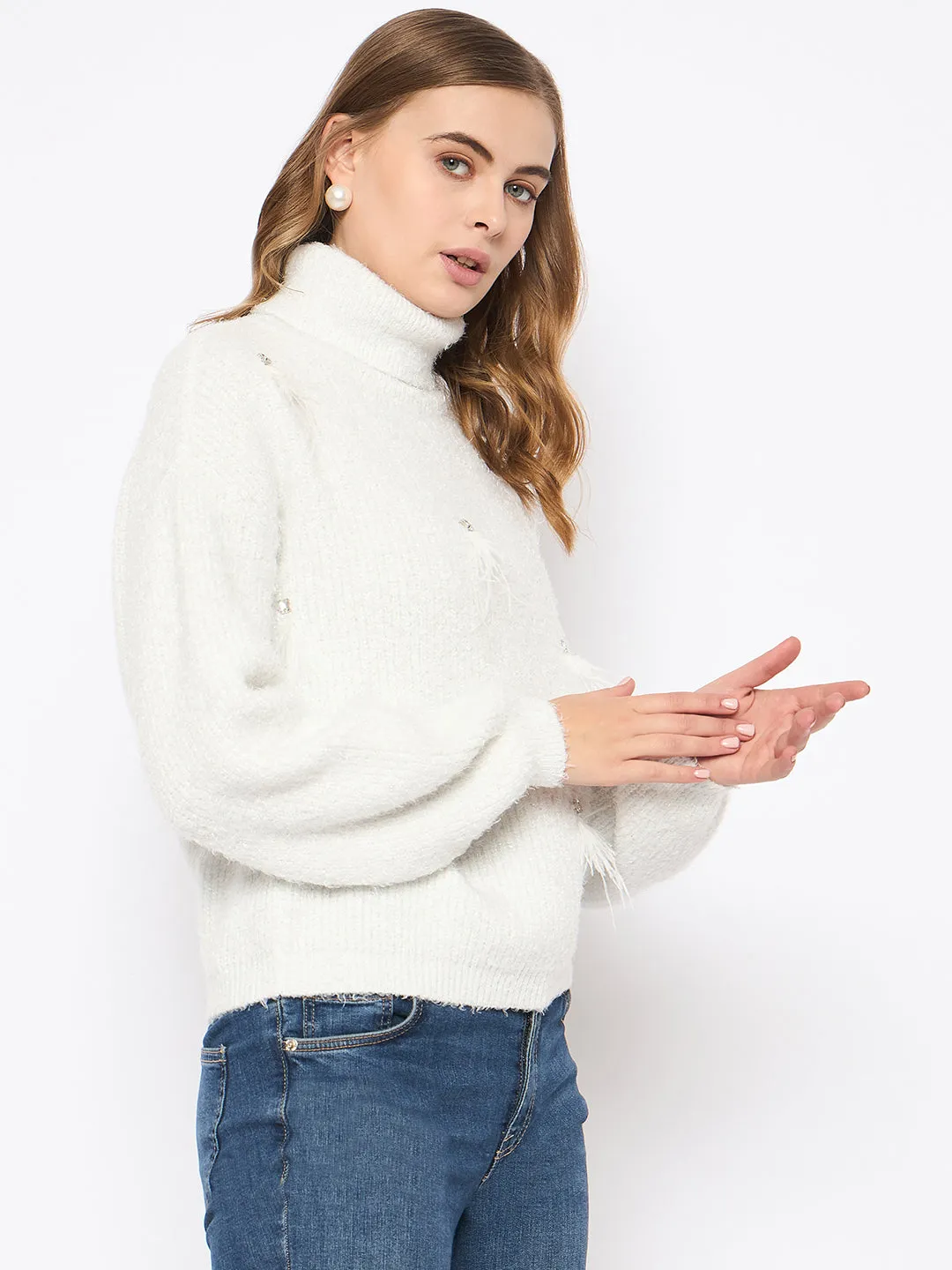 Madame Embellished Turtleneck Off White Sweater Warm Wardrobe Warm Core