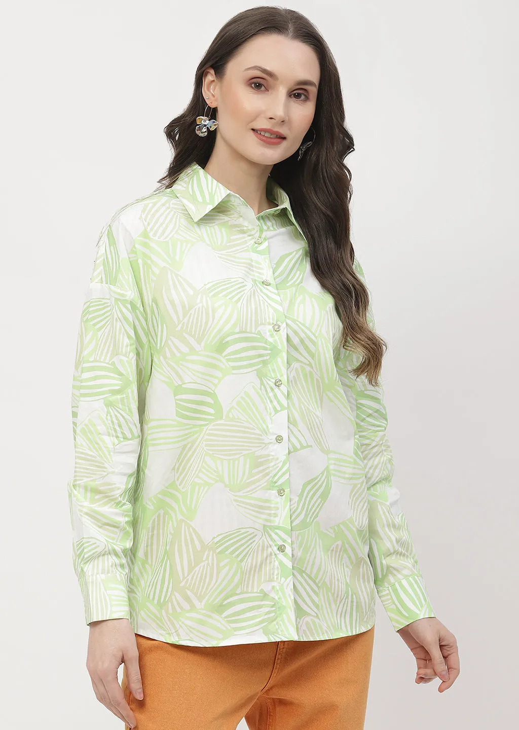 Madame Abstract Print Lime Green Regular Shirt All-Season Wear Weekend Outing
