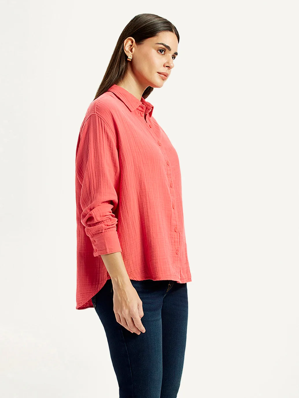 Non Static Finish Women's Textured Coral Relaxed Fit Shirt