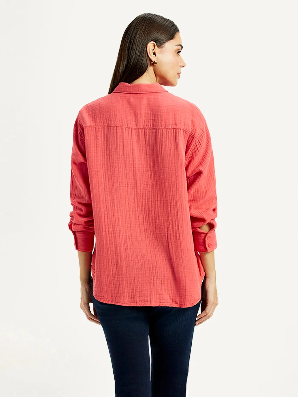 Holiday Outfit Women's Textured Coral Relaxed Fit Shirt
