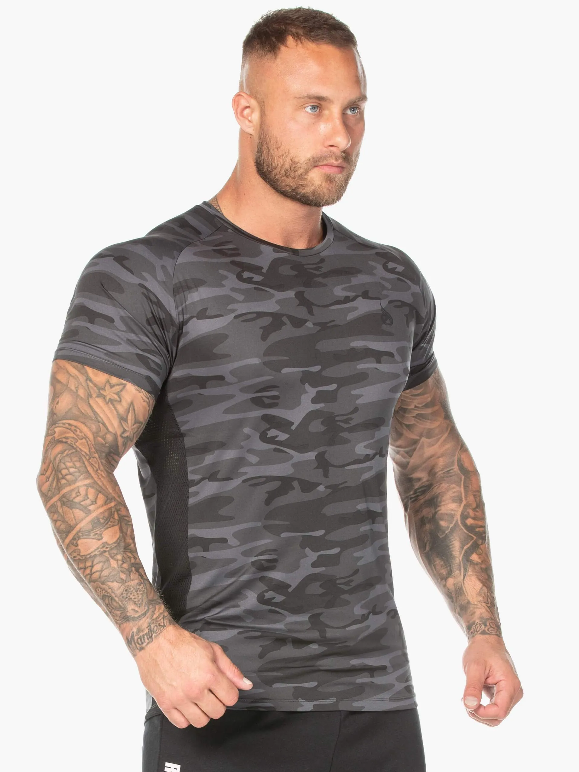 Casual Style Printed Logo Camo Mesh T-Shirt - Black Camo