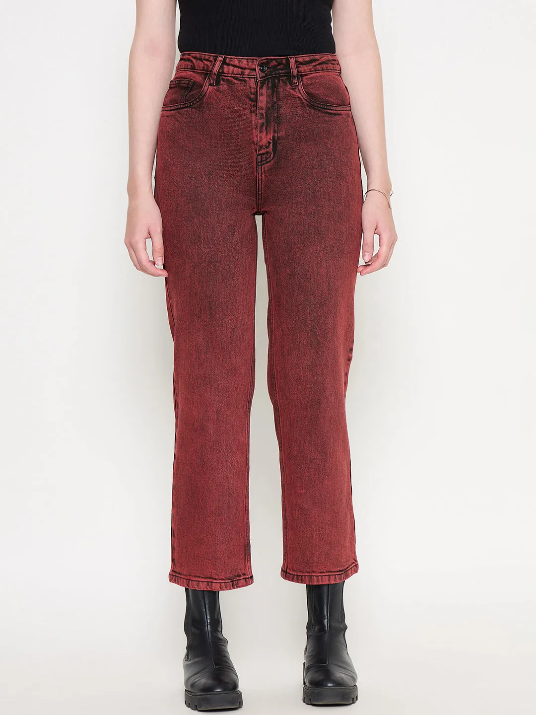 Madame Cotton Blend Acid Wash Red Denim Flexible Fit