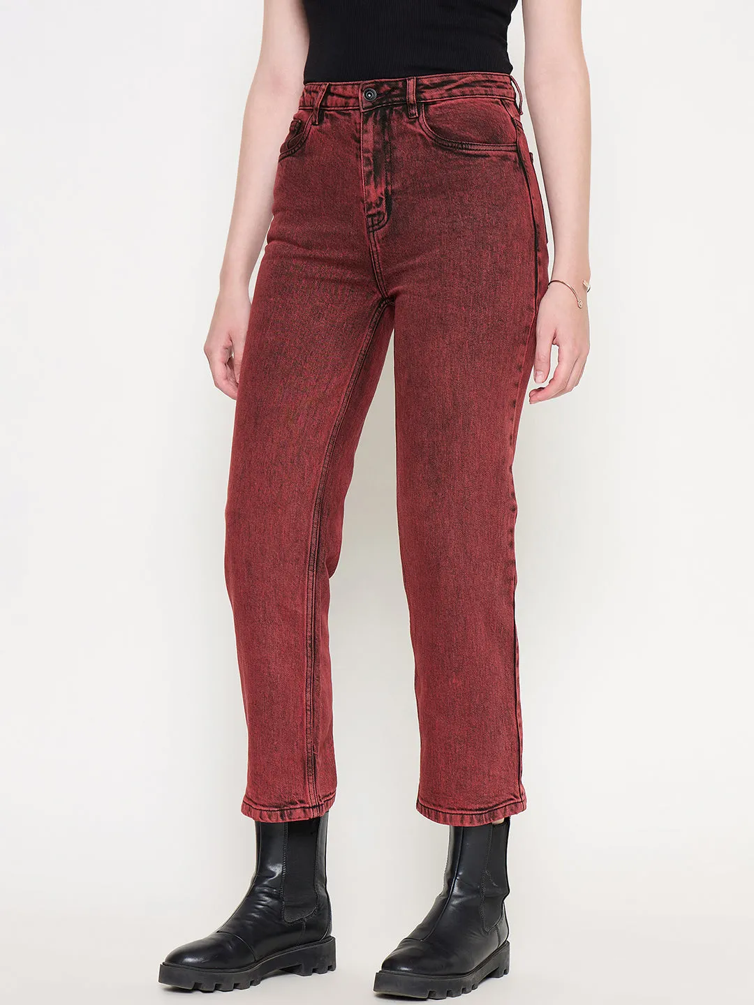 Madame Cotton Blend Acid Wash Red Denim Classic Wear Slim Relaxed Style Weekend Style High Quality