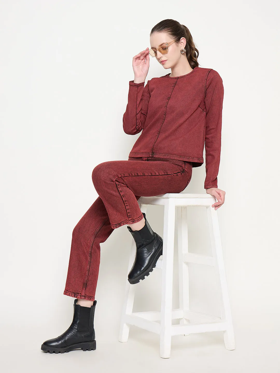 Madame Cotton Blend Acid Wash Red Denim Adaptive Look Teen Outfit Bold Urban Explorer