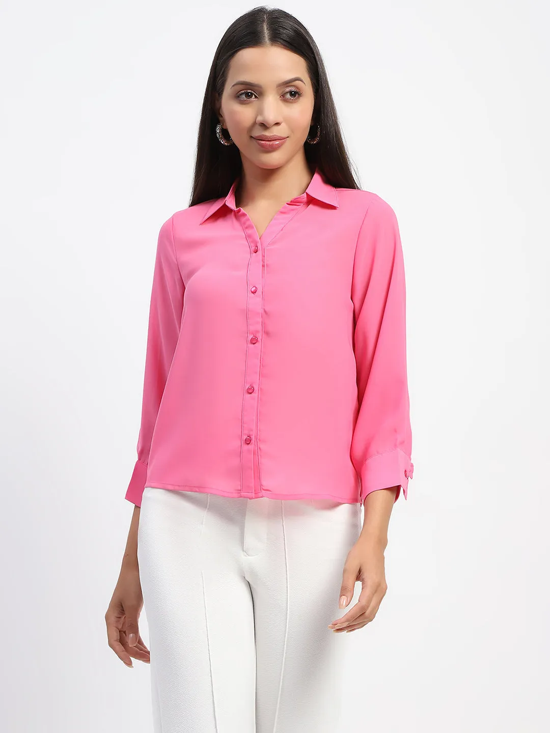 Madame Button-Down Collared Pink Shirt Stretchable Cloth
