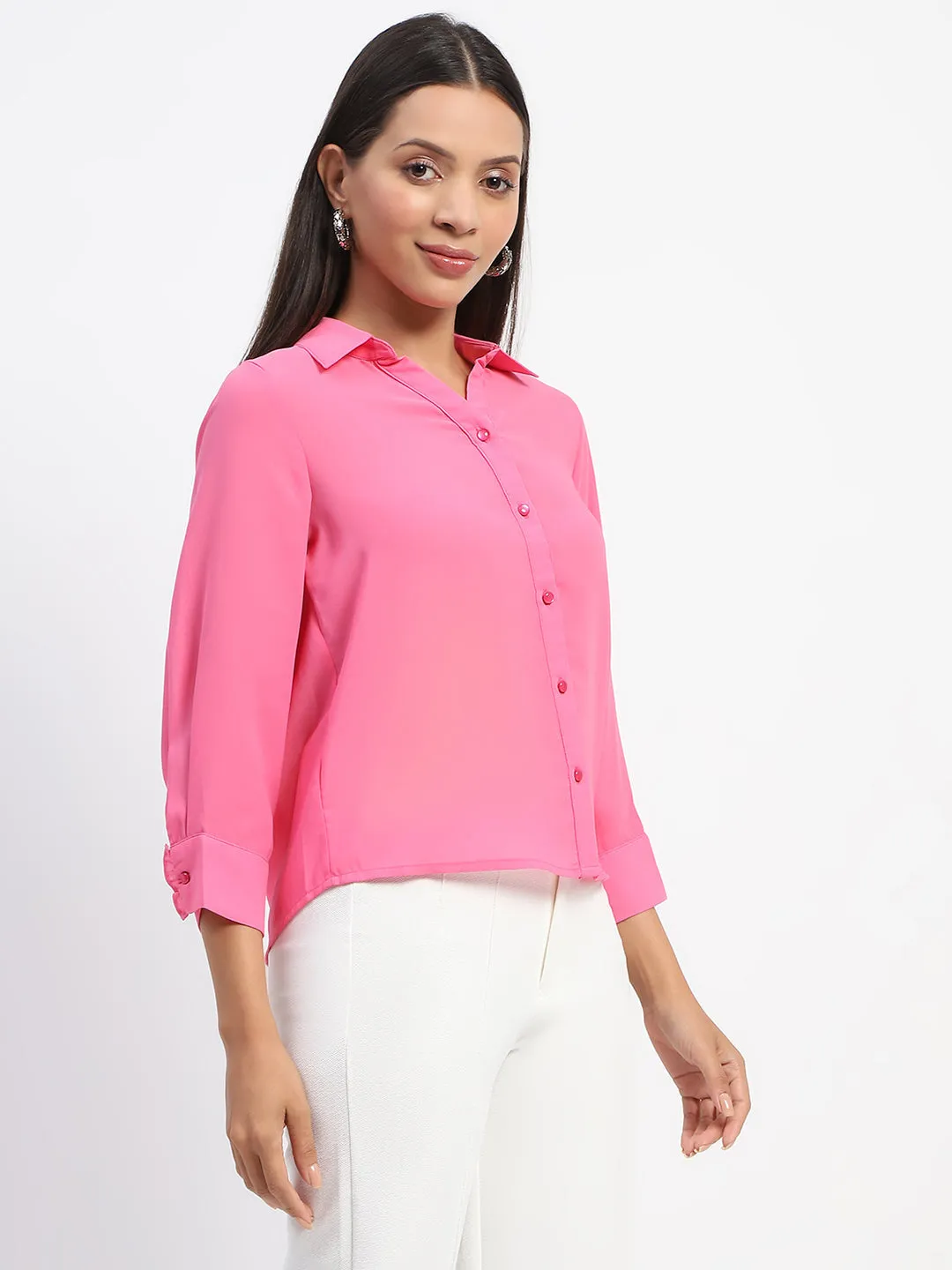 Round Collar Mesh Insert Madame Button-Down Collared Pink Shirt
