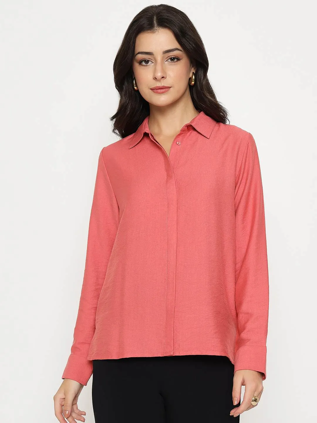 Relaxed Comfort Madame Textured Solid Brick Red Rayon Blend Shirt