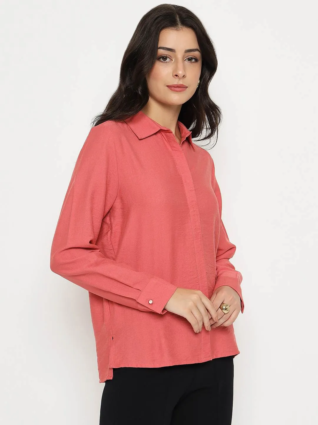Multi Functional Pockets Timeless Wardrobe Madame Textured Solid Brick Red Rayon Blend Shirt