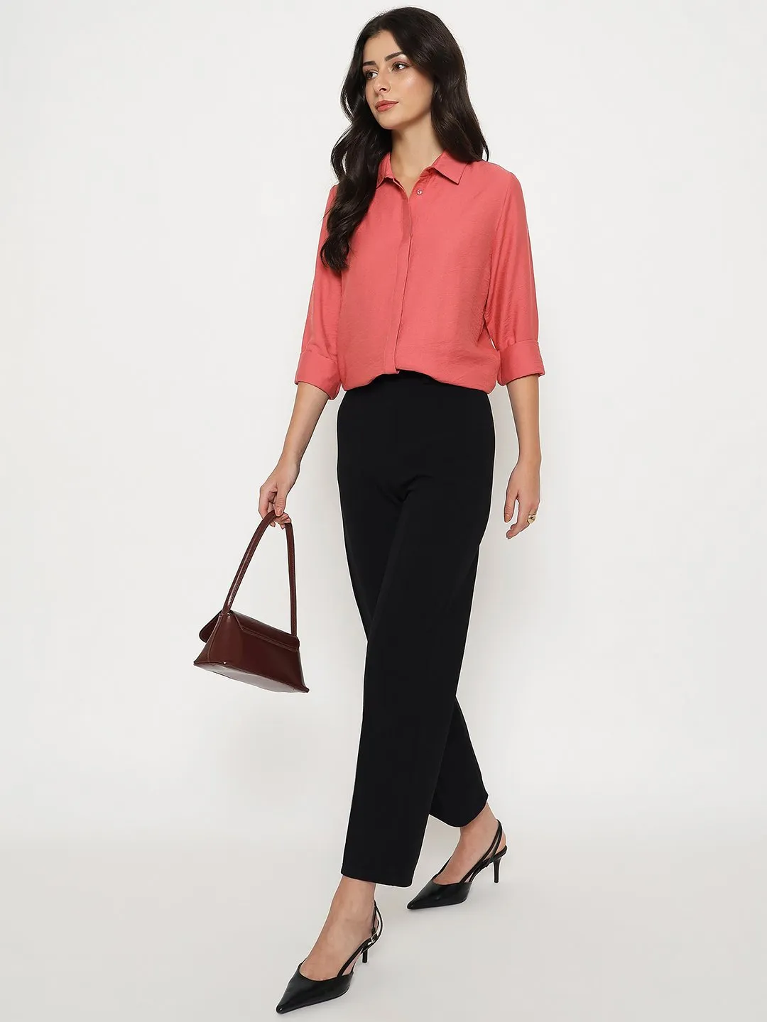 All-Occasion Wear Seamless Shoulder Construction Madame Textured Solid Brick Red Rayon Blend Shirt
