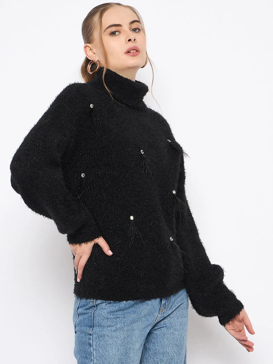 Madame Embellished Turtleneck Black Sweater Casual Flex Knitted Layer