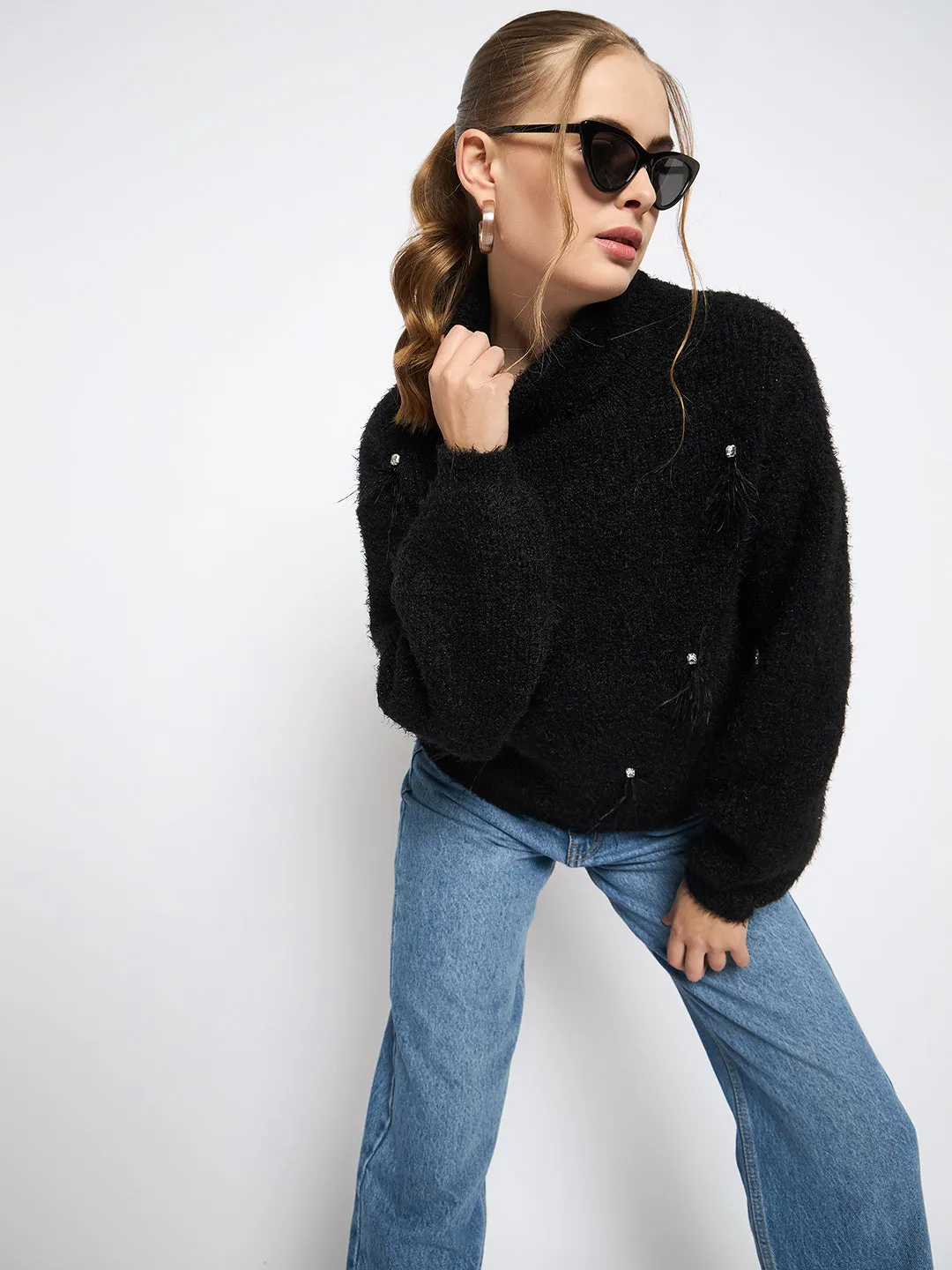 Layered Thermal Core Classic Fit Madame Embellished Turtleneck Black Sweater