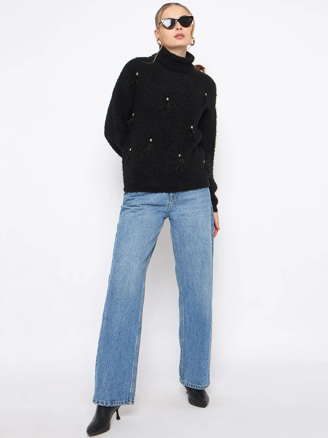 Madame Embellished Turtleneck Black Sweater Warm Appeal