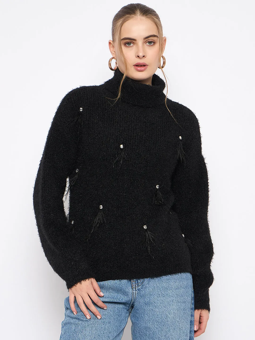 Madame Embellished Turtleneck Black Sweater Comfortable Touch Effortless Warmth