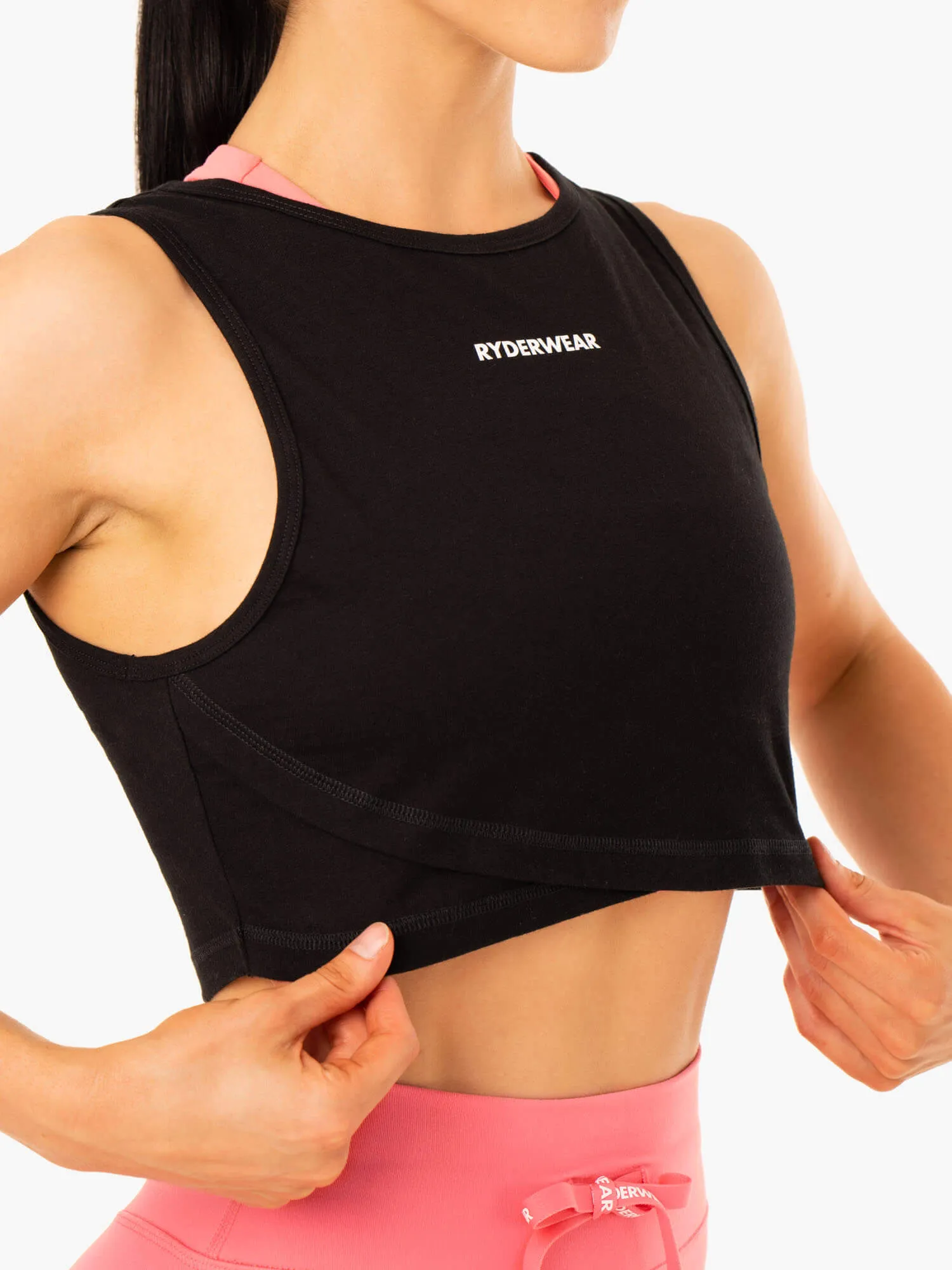 Replay Cross Over Tank - Black Tencel Blend Fabric