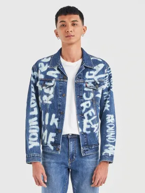 Non Bulky Insulation Men's Graphic Print Spread Collar Denim Jacket
