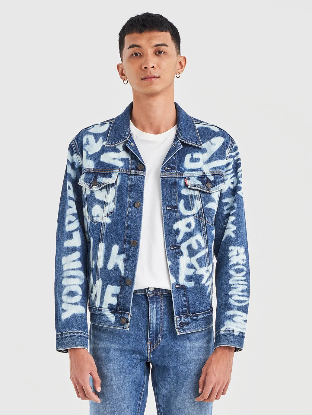 Non Bulky Insulation Men's Graphic Print Spread Collar Denim Jacket