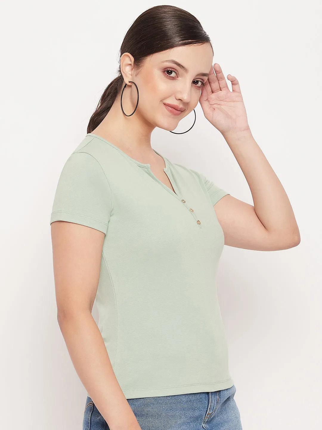 Madame Green Deep V Neck Fitted Cotton T-shirt Running Gear
