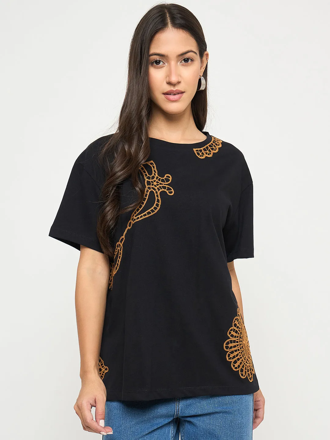 Ultra Soft Blended Textile Comfy Movement Madame Embroidery Patchwork Detailed Black Cotton T-shirt