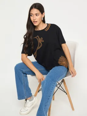 Taped Neckline Madame Embroidery Patchwork Detailed Black Cotton T-shirt