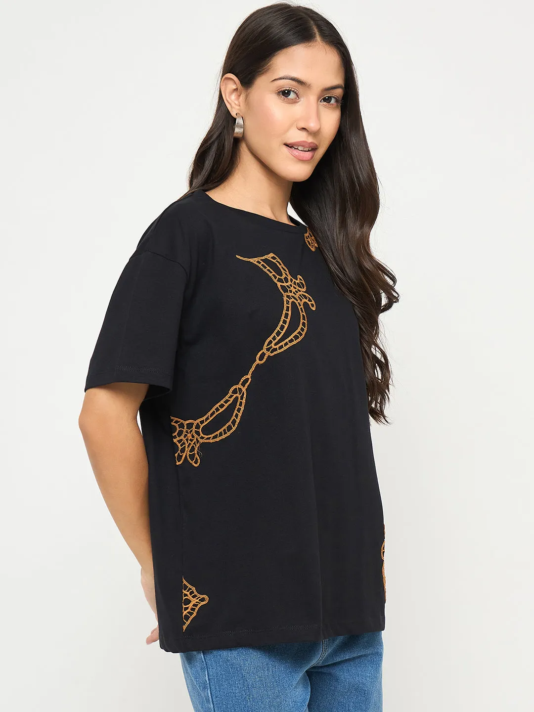 Lace trim Madame Embroidery Patchwork Detailed Black Cotton T-shirt