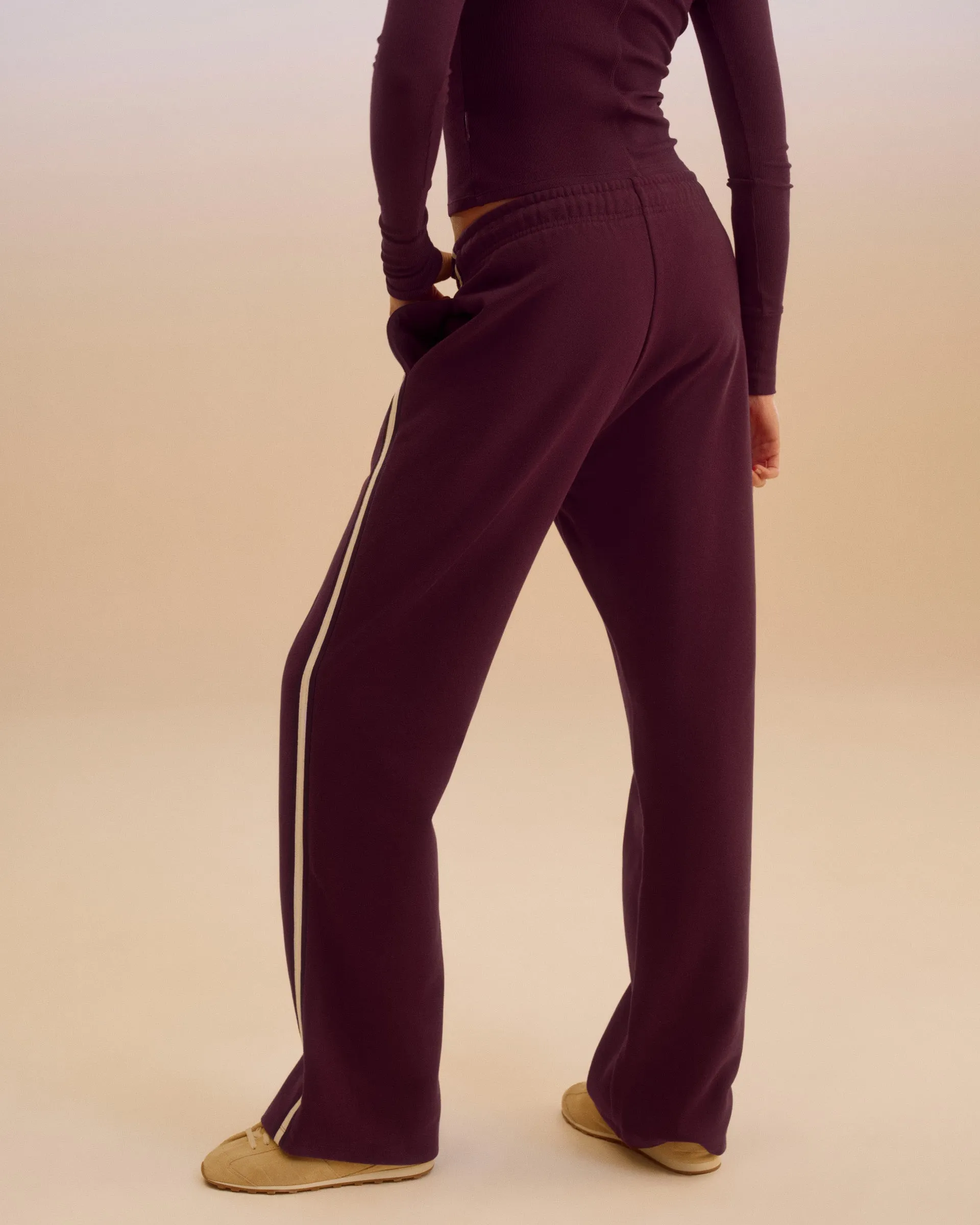 Minimal Design Varsity Loose Fit Straight Leg Sweatpants - Dark Cherry/Marshmallow White